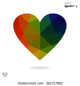 Multicolor heart isolated on white background. Geometric rumpled triangular low poly origami style gradient graphic illustration. Vector polygonal design for your business.