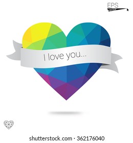 Multicolor heart isolated on white background. Geometric rumpled triangular low poly origami style gradient graphic illustration. Vector polygonal design for your business.