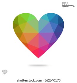 Multicolor heart isolated on white background. Geometric rumpled triangular low poly origami style gradient graphic illustration. Vector polygonal design for your business.