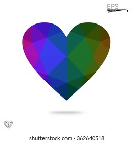 Multicolor heart isolated on white background. Geometric rumpled triangular low poly origami style gradient graphic illustration. Vector polygonal design for your business.