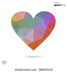 Multicolor heart isolated on white background. Geometric rumpled triangular low poly origami style gradient graphic illustration. Vector polygonal design for your business.