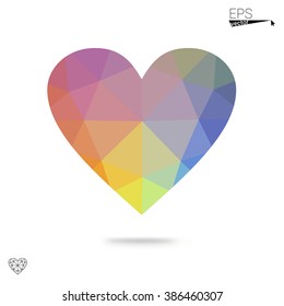 Multicolor heart isolated on white background. Geometric rumpled triangular low poly origami style gradient graphic illustration. Vector polygonal design for your business.