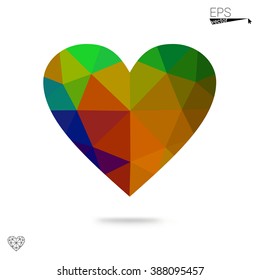 Multicolor heart isolated on white background. Geometric rumpled triangular low poly origami style gradient graphic illustration. Vector polygonal design for your business.
