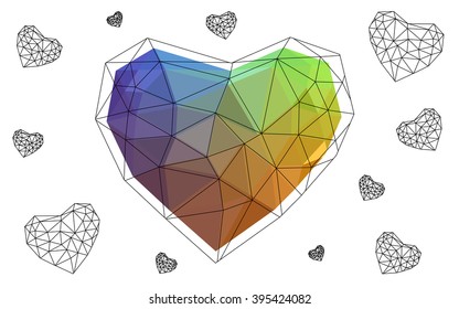 Multicolor heart isolated on white background. Geometric rumpled triangular low poly origami style gradient graphic illustration. Vector polygonal design for your business.