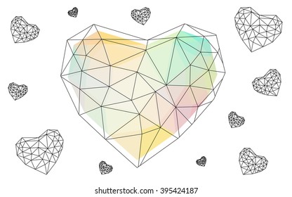 Multicolor heart isolated on white background. Geometric rumpled triangular low poly origami style gradient graphic illustration. Vector polygonal design for your business.
