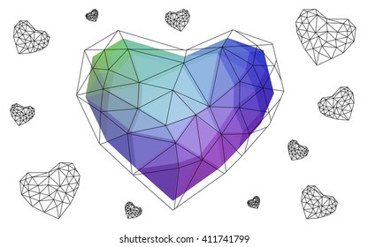 Multicolor heart isolated on white background. Geometric rumpled triangular low poly origami style gradient graphic illustration. Vector polygonal design for your business.