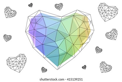 Multicolor heart isolated on white background. Geometric rumpled triangular low poly origami style gradient graphic illustration. Vector polygonal design for your business.