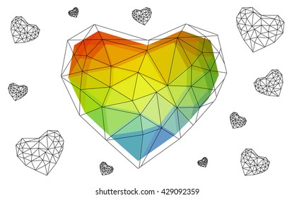 Multicolor heart isolated on white background. Geometric rumpled triangular low poly origami style gradient graphic illustration. Vector polygonal design for your business.