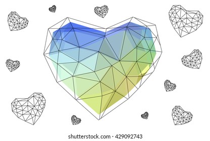 Multicolor heart isolated on white background. Geometric rumpled triangular low poly origami style gradient graphic illustration. Vector polygonal design for your business.
