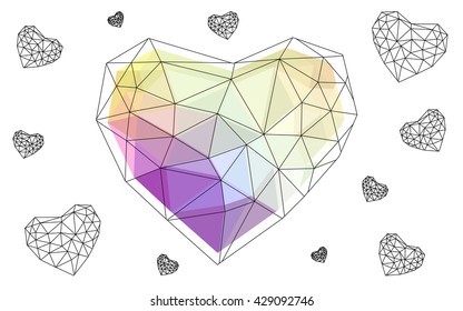 Multicolor heart isolated on white background. Geometric rumpled triangular low poly origami style gradient graphic illustration. Vector polygonal design for your business.