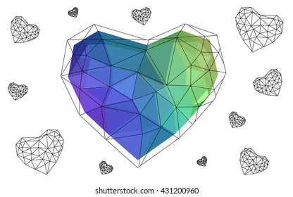 Multicolor heart isolated on white background. Geometric rumpled triangular low poly origami style gradient graphic illustration. Vector polygonal design for your business.