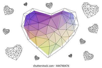 Multicolor heart isolated on white background. Geometric rumpled triangular low poly origami style gradient graphic illustration. Vector polygonal design for your business.