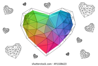 Multicolor heart isolated on white background. Geometric rumpled triangular low poly origami style gradient graphic illustration. Vector polygonal design for your business.