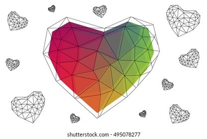 Multicolor heart isolated on white background. Geometric rumpled triangular low poly origami style gradient graphic illustration. Vector polygonal design for your business.