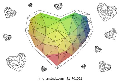 Multicolor heart isolated on white background. Geometric rumpled triangular low poly origami style gradient graphic illustration. Vector polygonal design for your business.