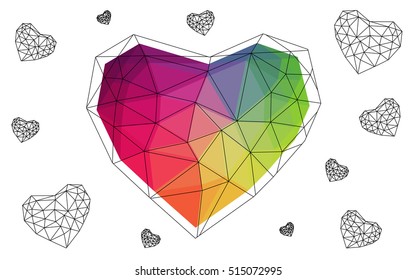 Multicolor heart isolated on white background. Geometric rumpled triangular low poly origami style gradient graphic illustration. Vector polygonal design for your business.