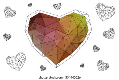 Multicolor heart isolated on white background. Geometric rumpled triangular low poly origami style gradient graphic illustration. Vector polygonal design for your business.