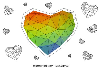 Multicolor heart isolated on white background. Geometric rumpled triangular low poly origami style gradient graphic illustration. Vector polygonal design for your business.