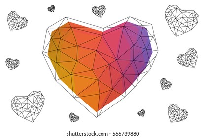 Multicolor heart isolated on white background. Geometric rumpled triangular low poly origami style gradient graphic illustration. Vector polygonal design for your business.