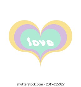 Multicolor heart shape with the word "love". Sixties style. Pastel colors. Vector illustration, flat design