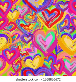 Multicolor hearts pattern. Drawing silhouette love colored. Creative bright ornament.  