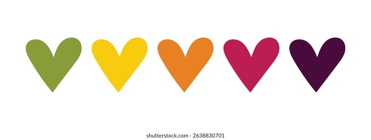 Multi-color hearts vector illustrations set.  Hand-drawn heart icons. Valentine, love, and card decoration. Pride month festival. rainbow colors, green, yellow, orange, pink, purple, 