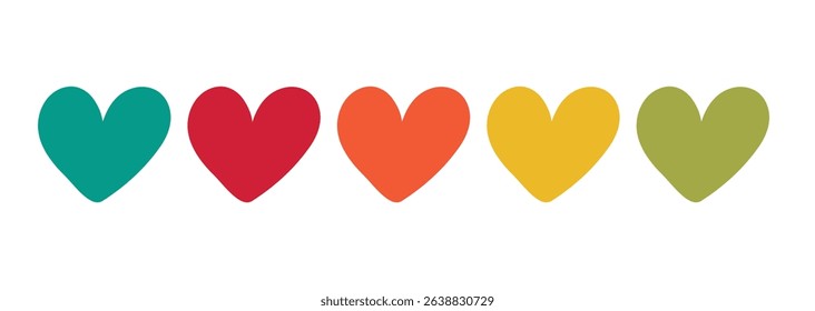 Multi-color hearts vector illustrations set.   Pride month festival. Valentine, love, and card decoration. rainbow teal, red, yellow, orange, green, 