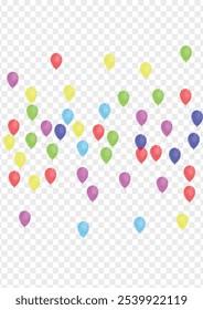 Multicolor Helium Background Transparent Vector. Balloon Party Illustration. Pink Ribbon. Yellow Surprise. Confetti Fun Set.