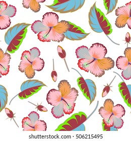 Multicolor hibiscus flowers pattern. Watercolor painting effect, vector illustration of hibiscus flowers, buds, blossom with leaves isolated hand drawn on white background.