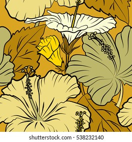 Multicolor hibiscus flowers pattern. Watercolor painting effect, vector illustration of hibiscus flowers, buds, blossom with leaves isolated hand drawn on yellow background.