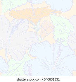 Multicolor hibiscus flowers pattern. Watercolor painting effect, vector illustration of hibiscus flowers, buds, blossom with leaves isolated hand drawn on neutral background.