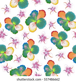 Multicolor hibiscus flowers pattern. Watercolor painting effect, vector illustration of hibiscus flowers, buds, blossom with leaves isolated hand drawn on white background.
