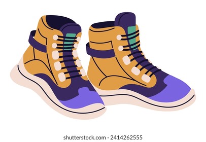 Multicolor high top sneakers. Basketball boots. Trainers for running, walking. Sport footwear in casual style. Fashion unisex shoes for training. Flat isolated vector illustration on white background