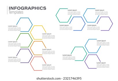Multicolor honeycomb shaped infographic chart design template set. Abstract infochart kit with copy space. Instructional graphics with connected steps, options. Visual data presentation