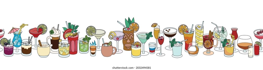 Multicolor horizontal cocktail ornament or banner, leaderboard. Hand-drawn cartoon doodle style vector seamless pattern with variety of drinks like martini, margarita, tiki or old fashioned