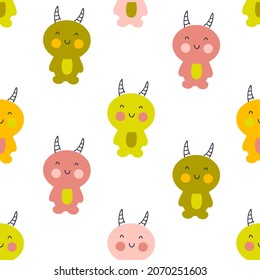 Multicolor horned monsters seamless pattern. Perfect for T-shirt, textile and prints. Cartoon style vector illustration for decor and design.

