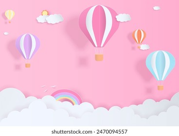 Multicolor hot air balloons fly in the sky with clouds and a rainbow on a pink background. Summer concept and paper art style.