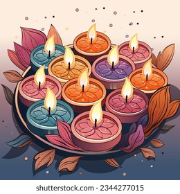 Multicolor Illuminated Tea Candles on Plate Decorated with Leaves for Home Decoration During Diwali Celebration.