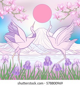 Multicolor illustration Japanese Landscape with Mount Fuji and tradition flowers and a bird. Poster or postcard. Vector stock.