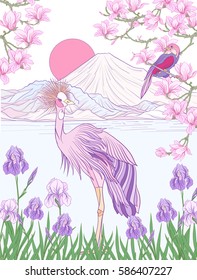 Multicolor illustration Japanese Landscape with Mount Fuji and tradition flowers and a bird. Poster or postcard. Vector stock.
