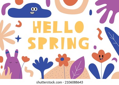 Multicolor Image of spring with geometric and floral elements. Popular style. Abstraction