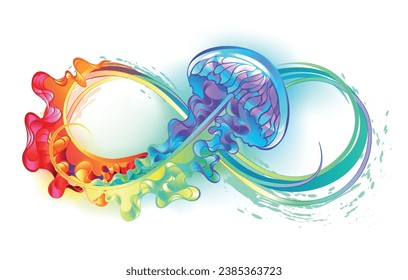 Multicolor infinity symbol with rainbow bright jellyfish decorated with long tentacles on white background. Rainbow jellyfish. hand drawn vector art