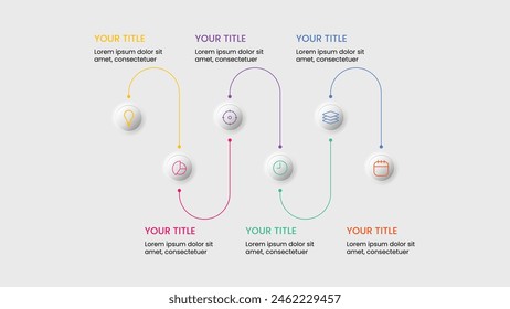 Multicolor infographic element with 6 options in neumorphism effect. Business process chart workflow . Corporate presentation slide template for pitch deck.