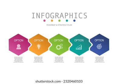 Vorlage für mehrfarbige Infografiken, Geschäftskonzept mit , 5 Stufen , hexagonales Design für Workflow-Layout, Diagramm, Geschäftsbericht, Webdesign. Kreativbanner, Vektorgrafik