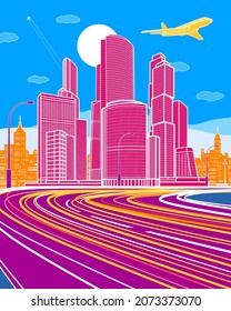 Illustration zur mehrfarbigen Infrastruktur. Große Autobahn. Moderne, bunte Stadt. Ampeln. Geschäftsturm. Auto überfahren, urbane Szene. Weiße Linien auf Farbhintergrund. Vektordesign-Kunst 