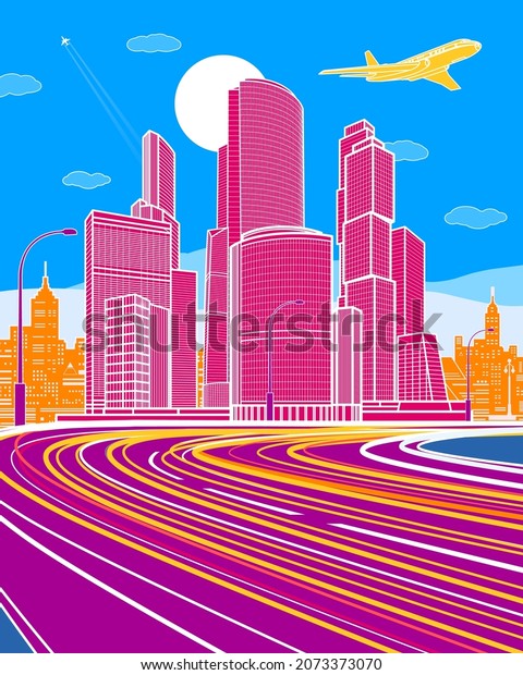 Multicolor\
Infrastructure illustration. Wide highway. Modern colorful town.\
Traffic lights. Business tower. Car overpass, urban scene. White\
lines on color background. Vector design art\
