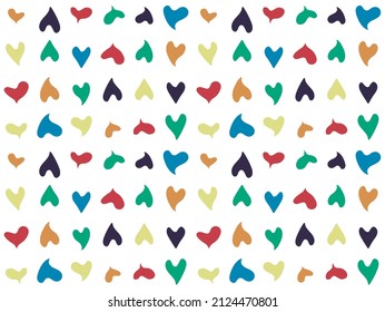 Multicolor irregular heart shape, festive seamless pattern. Geometrical chaotic colored grid, hand drawn doodle cartoon flat style, rainbow color palette. Transparent background. Vector illustration