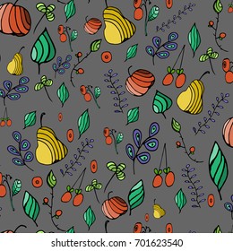Multicolor isolated fruits and plants ethnic pattern on grey background. Vector illustration. For prints, cards, decoration. 