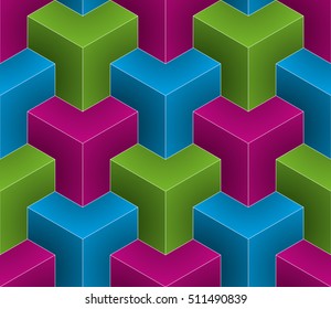 Multicolor Isometric Seamless Pattern. 3D Optical Illusion Background Texture. Editable Vector EPS10 Illustration.