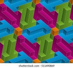 Multicolor Isometric Seamless Pattern. 3D Optical Illusion Background Texture. Editable Vector EPS10 Illustration.